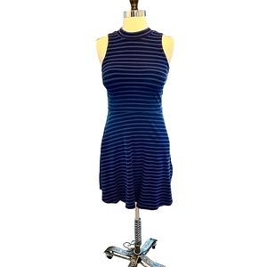Old Navy a line high neck sleeveless blue striped, keyhole back skater dress.